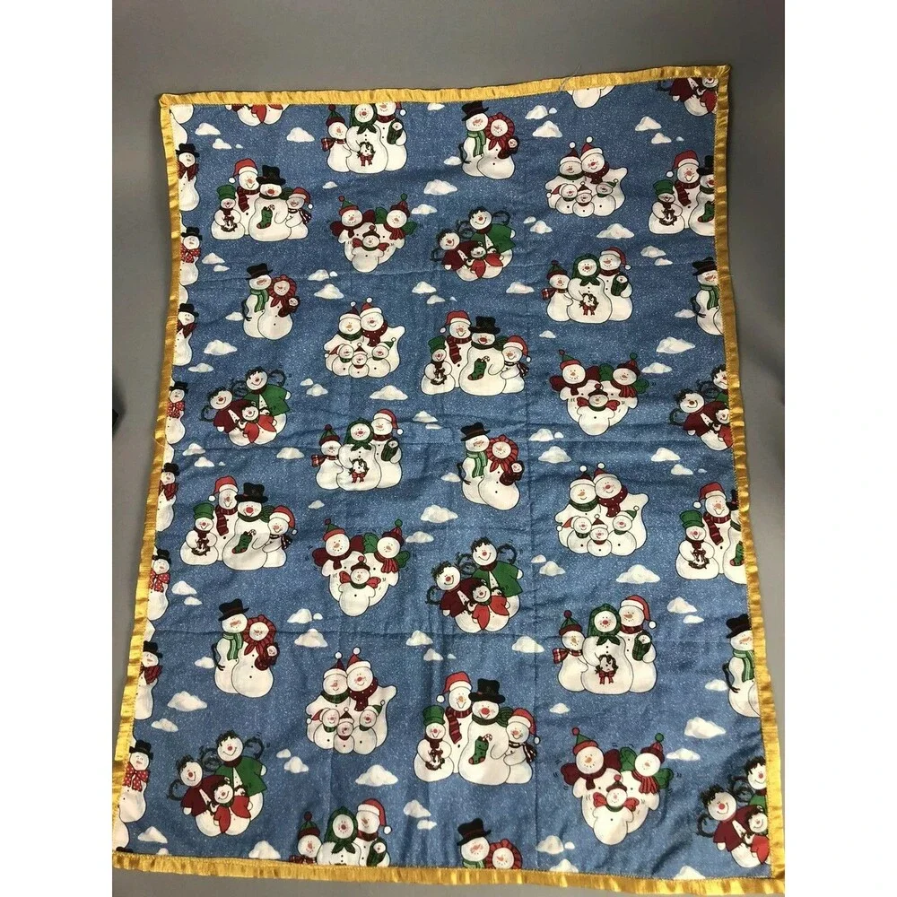 Christmas Table Runner Snowman Handmade Embroidered Double Sided Multi Color